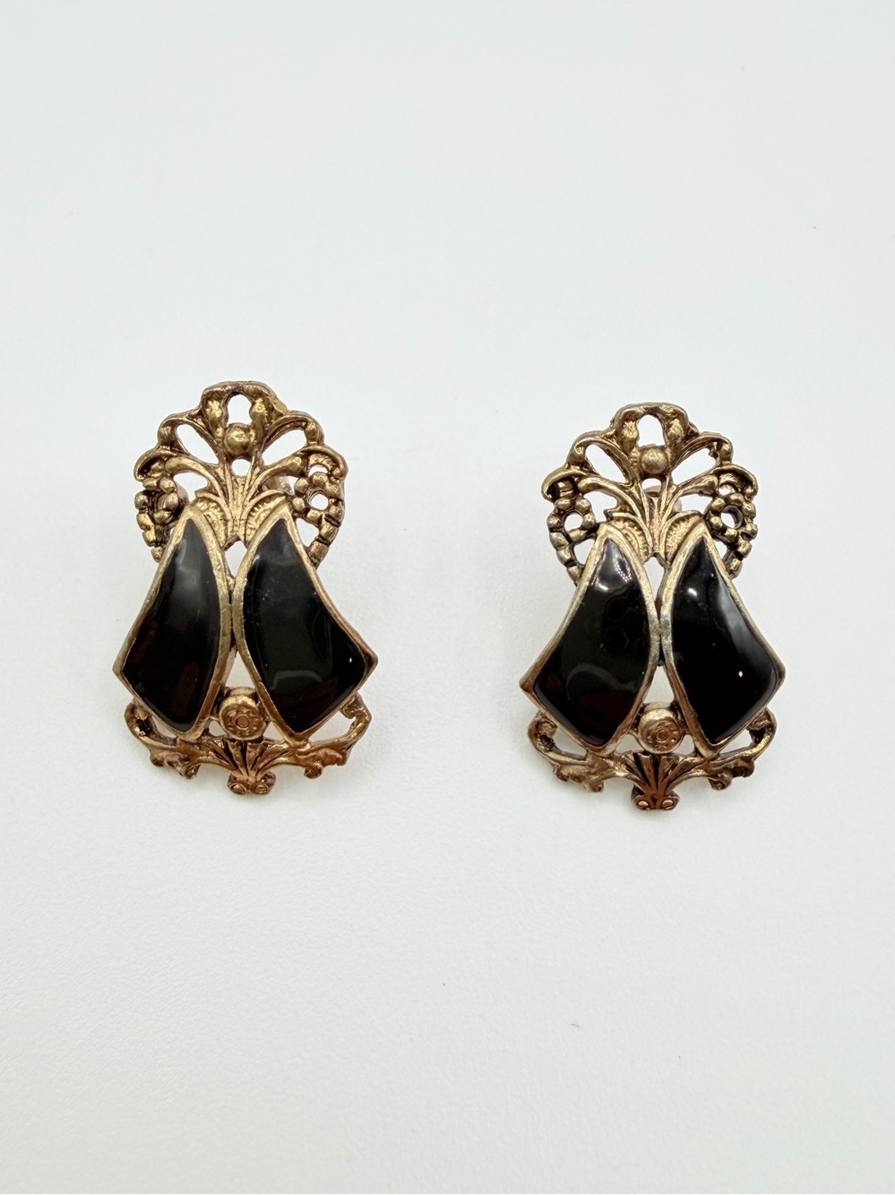 Vintage Gold Tone Black Enamel Art Nouveau Stud Earrings